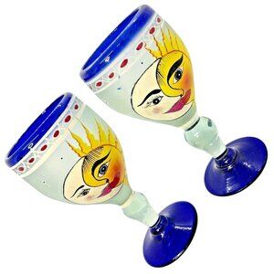 Mexican Sun & Moon Wine Goblets Handblown & Painted Frosted